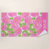 Schattigee Palm Beach Roze Hibiscus Bloemen Strandlaken (Voorkant)