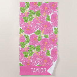 Schattigee Palm Beach Roze Hibiscus Bloemen Strandlaken