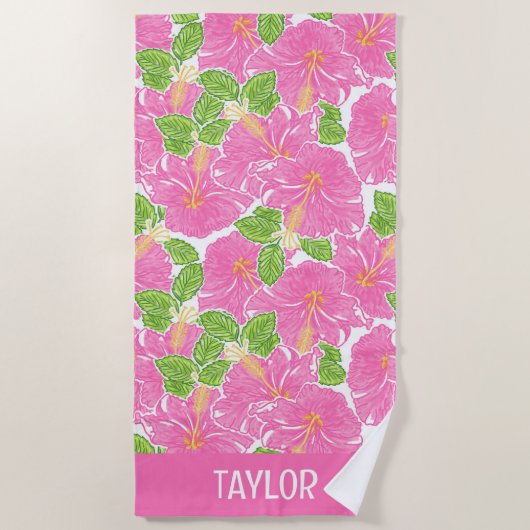 Schattigee Palm Beach Roze Hibiscus Bloemen Strandlaken (Voorkant)