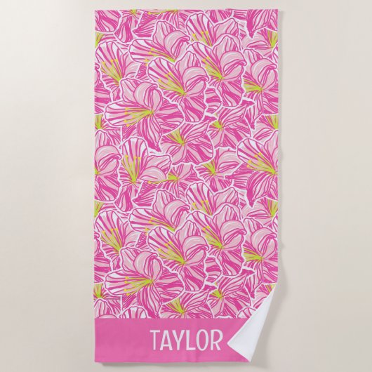 Schattigee Palm Beach Roze Hibiscus Bloemen Strandlaken (Voorkant)