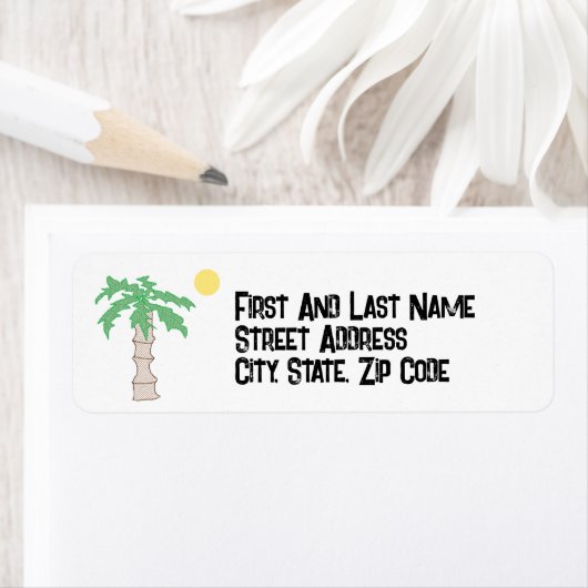 Schattigee Palm Tree en Beach Cartoon, Fun Sunny I Etiket (Insitu)