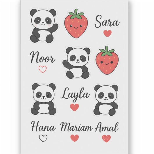 Schattigee Panda, Aardbei & Aangepaste Naam Hart S Sticker
