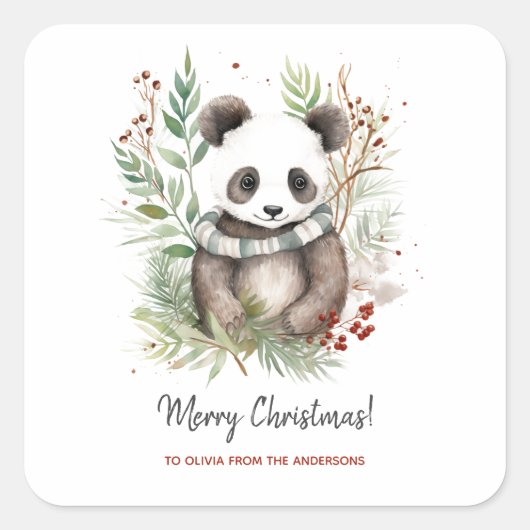 Schattigee Panda Baby rustieke kerstbotanicals Vierkante Sticker (Voorkant)