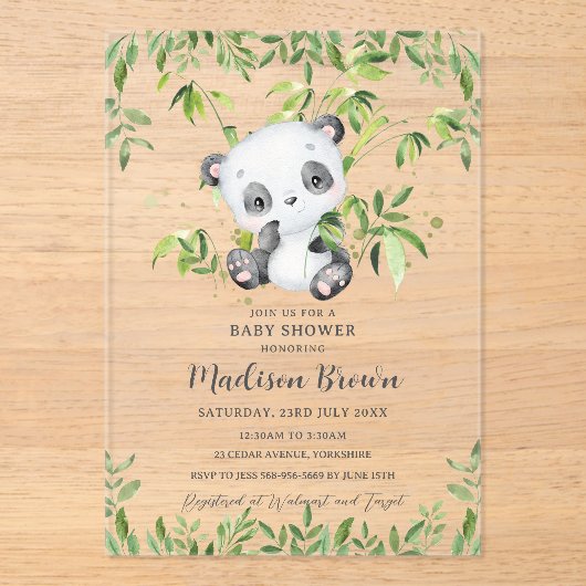 Schattigee Panda Beer Bamboe Groen Baby shower Acryl Uitnodigingen (Voorkant)