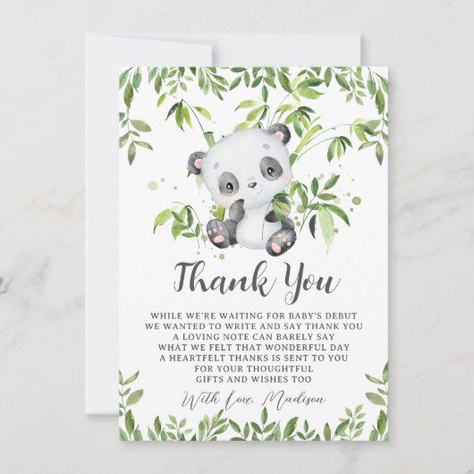 Schattigee Panda Beer Bamboe Groen Baby shower Bedankkaart (Voorkant)
