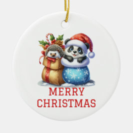 Schattigee Panda Beer en Hedgehog Cub Christmas Keramisch Ornament
