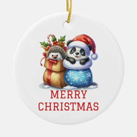 Schattigee Panda Beer en Hedgehog Cub Christmas Keramisch Ornament (Voorkant)
