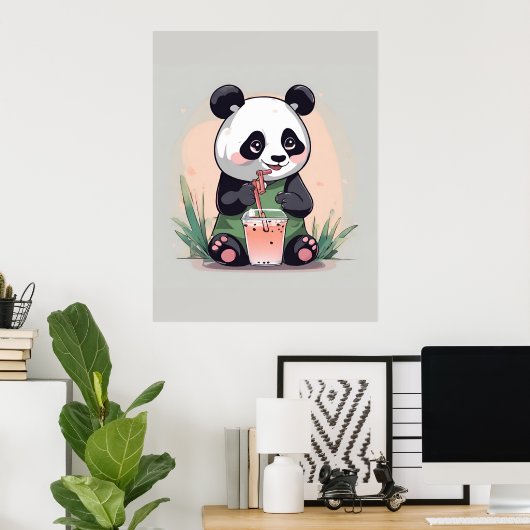 Schattigee Panda drink bubbelthee, boba tea Poster (Thuiskantoor)