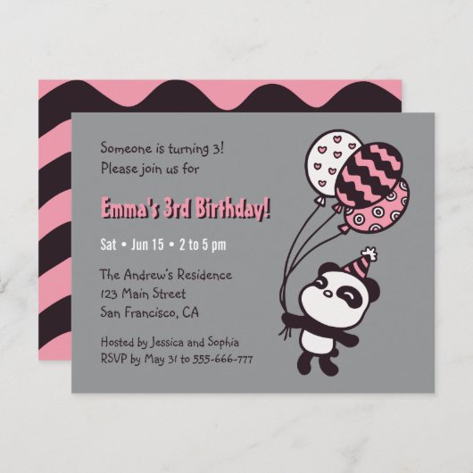 Schattigee Panda en Balloons Meisjes Verjaardagsfe Kaart (Voorkant / Achterkant)