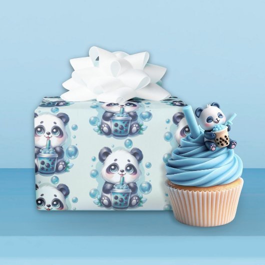 Schattigee Panda en Blue Boba Bubble Tea Cadeaupapier
