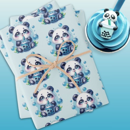 Schattigee Panda en Blue Boba Bubble Tea Inpakpapier Vel
