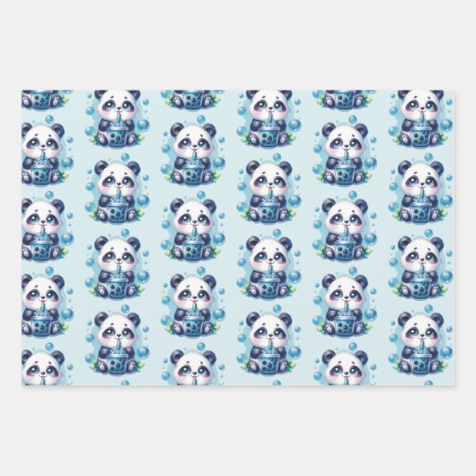 Schattigee Panda en Blue Boba Bubble Tea Inpakpapier Vel (Voorkant 3)