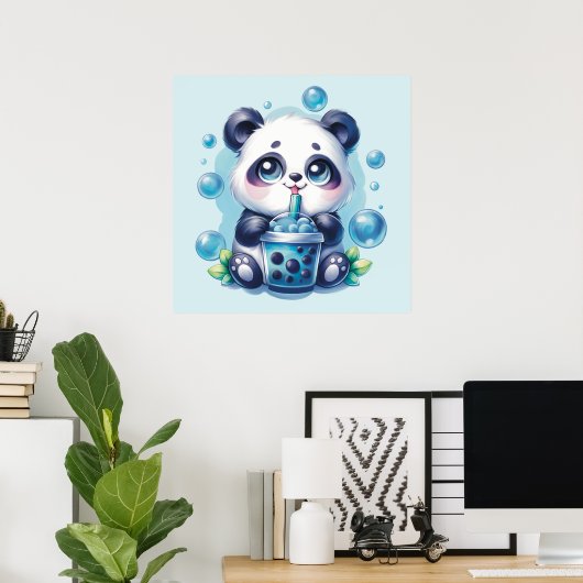 Schattigee Panda en Blue Boba Bubble Tea Poster (Thuiskantoor)