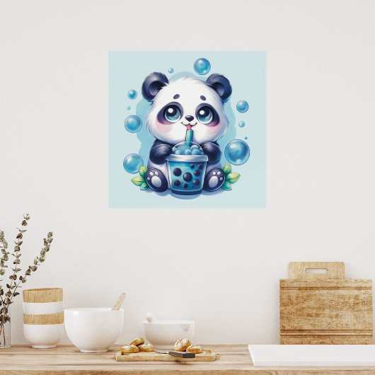 Schattigee Panda en Blue Boba Bubble Tea Poster (Keuken)