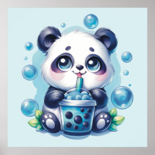 Schattigee Panda en Blue Boba Bubble Tea Poster