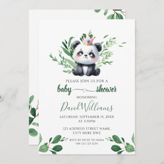 Schattigee Panda Gender Neutral Greenery Baby show Kaart (Voorkant / Achterkant)