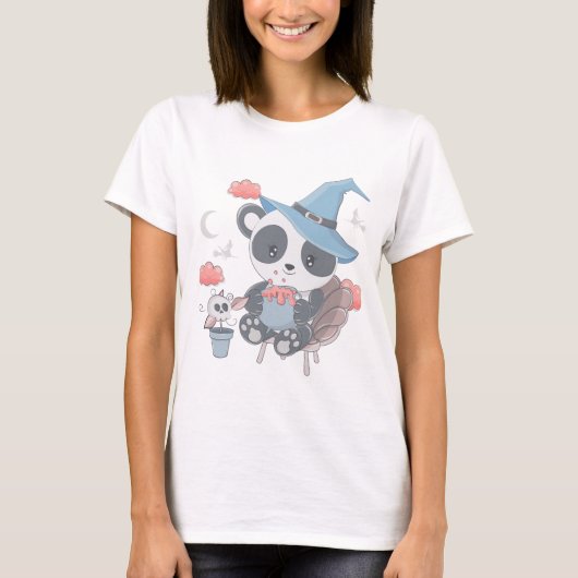 Schattigee Panda Heks Omringde Wolken Halloween Mo T-shirt (Voorkant)