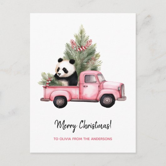 Schattigee Panda in Roze  Vrachtwagen Kerst Feestdagenkaart (Voorkant)