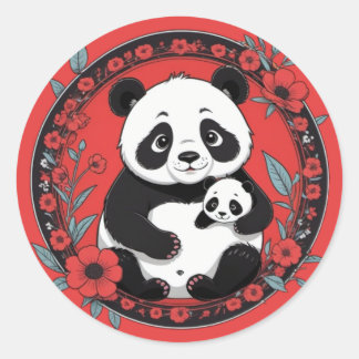 Schattigee Panda met baby met rode bloemen Ronde Sticker