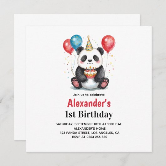 Schattigee panda met ballonnen en taart 1e verjaar (Voorkant / Achterkant)
