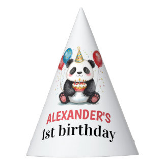 Schattigee panda met ballonnen en taart 1e verjaar feesthoedjes