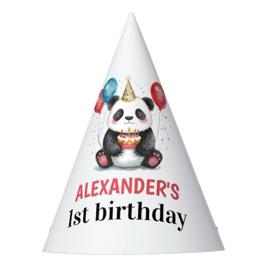 Schattigee panda met ballonnen en taart 1e verjaar feesthoedjes (Voorkant)