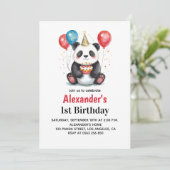 Schattigee panda met ballonnen en taart 1e verjaar kaart (Staand voorkant)