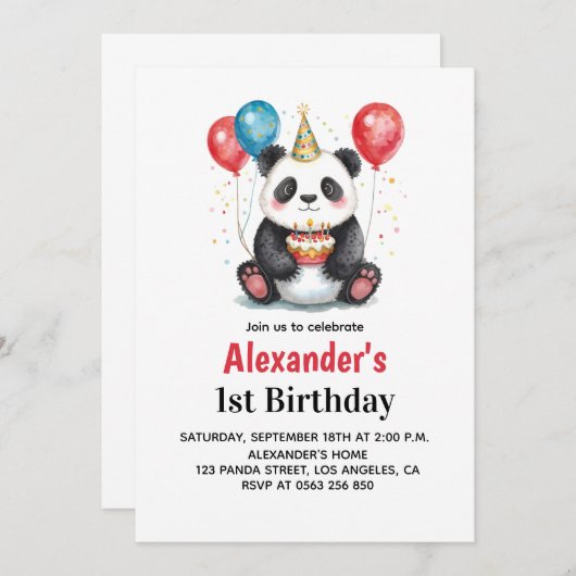 Schattigee panda met ballonnen en taart 1e verjaar kaart (Voorkant / Achterkant)