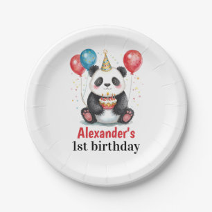 Schattigee panda met ballonnen en taart 1e verjaar papieren bordje