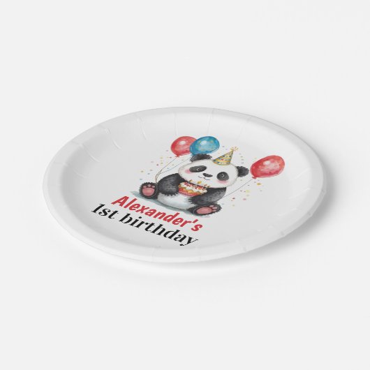 Schattigee panda met ballonnen en taart 1e verjaar papieren bordje (Gekanteld)