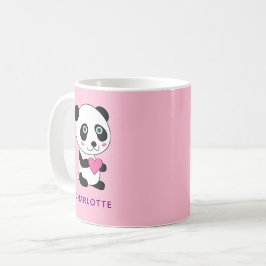 Schattigee panda met een roze hart + naam koffiemok (Voorkant links)