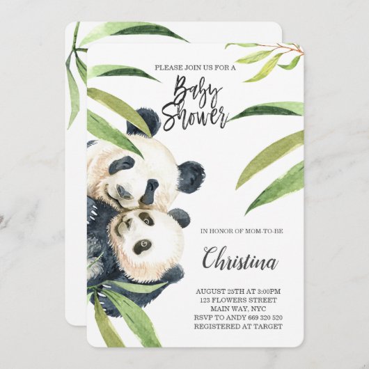 Schattigee Panda Mom & Baby Eucalyptus Baby shower Kaart (Voorkant / Achterkant)