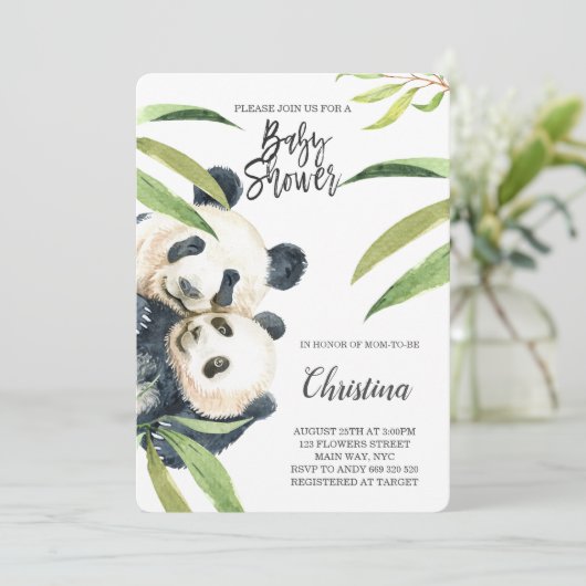 Schattigee Panda Mom & Baby Eucalyptus Baby shower Kaart (Staand voorkant)