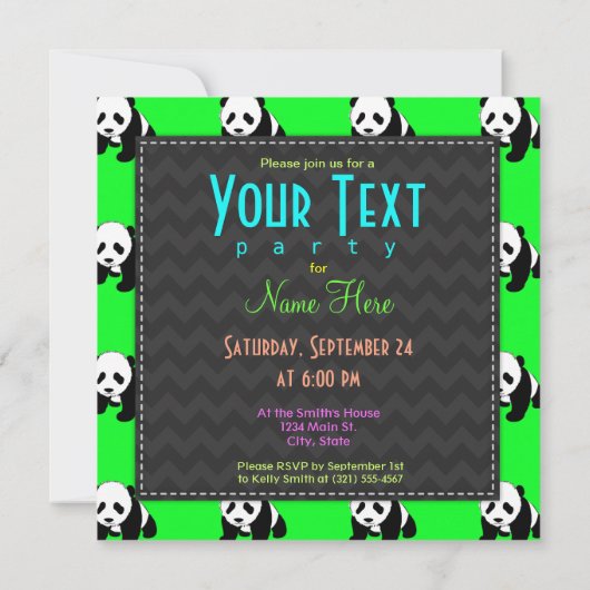 Schattigee Panda; Neon Groen, Zwart & Wit Kaart (Achterkant)