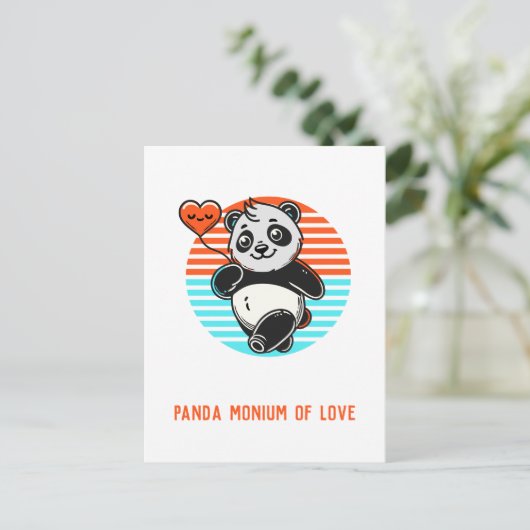 Schattigee panda "panda-monium van liefde" briefkaart (Staand voorkant)