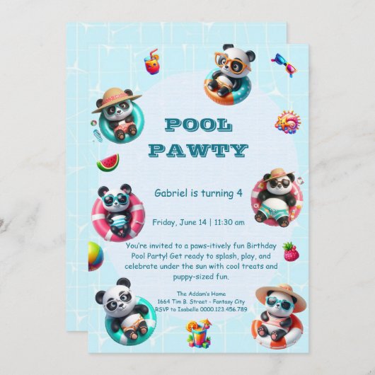 Schattigee Panda Pool Party Verjaardag Uitnodiging (Voorkant / Achterkant)
