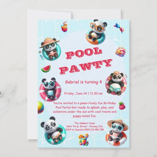 Schattigee Panda Pool Party Verjaardag Uitnodiging (Voorkant)