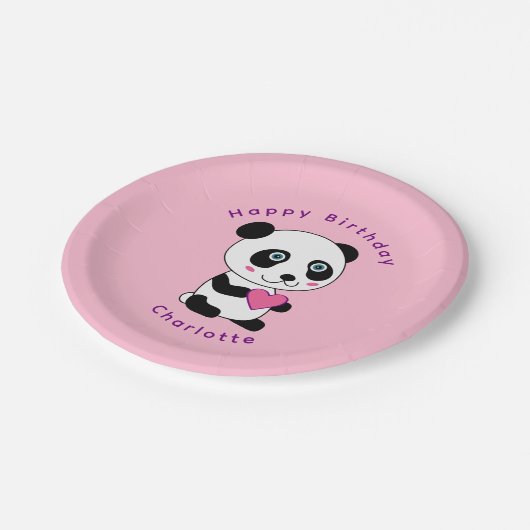 Schattigee panda roze hart verjaardag gepersonalis papieren bordje (Gekanteld)