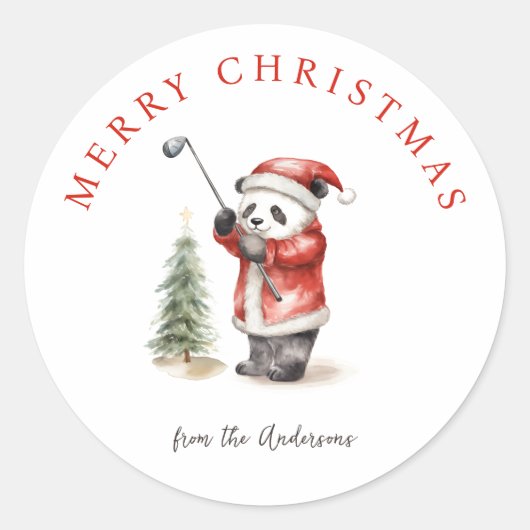 Schattigee Panda spelen golf kerst Ronde Sticker (Voorkant)