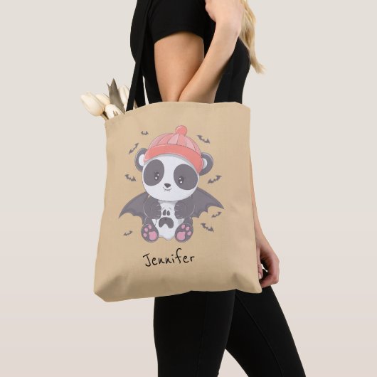 Schattigee Panda Vampire en Bats Gold Halloween Tote Bag (Dichtbij)