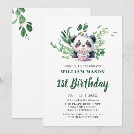 Schattigee Panda Waterverf groen 1e verjaardag Kaart (Voorkant / Achterkant)
