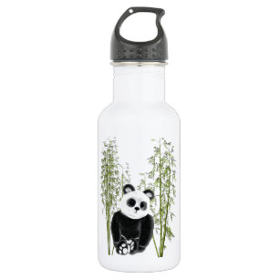 Schattigee panda zittend in bamboe waterfles 