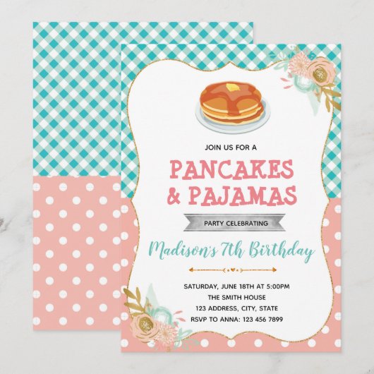 Schattigee pannenkoek en pyjama uitnodiging (Voorkant / Achterkant)