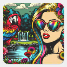 Schattigee papegaai en mooie vrouw in de tuin