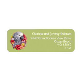 Schattigee papegaai tussen tropische bloemen pista etiket