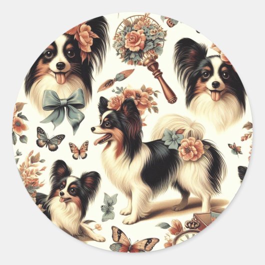 Schattigee  Papillon hondenillustratie Ronde Sticker (Voorkant)