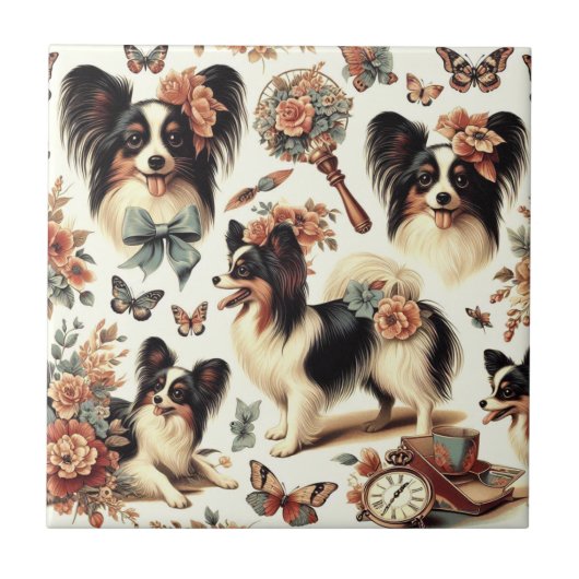 Schattigee Papillon hondenillustratie Tegeltje (Voorkant)