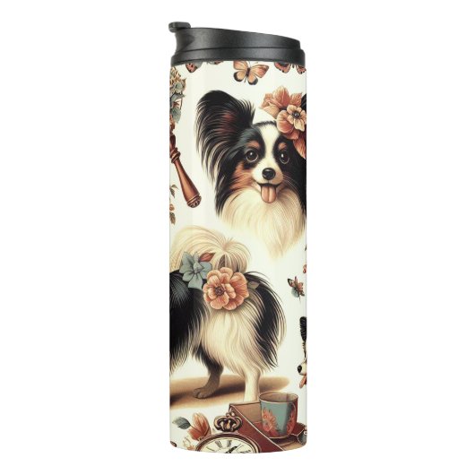 Schattigee  Papillon hondenillustratie Thermosbeker (Geroteerd rechts)
