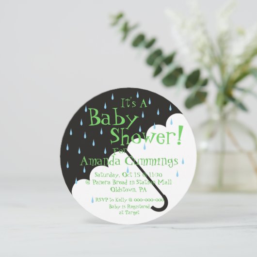 Schattigee paraplu Baby shower uitnodiging | Rond (Staand voorkant)