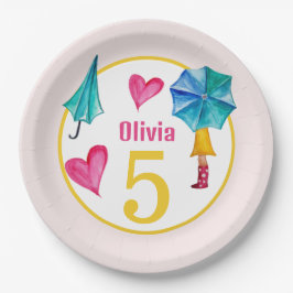 Schattigee paraplu meisje Waterverf illustratie Papieren Bordje